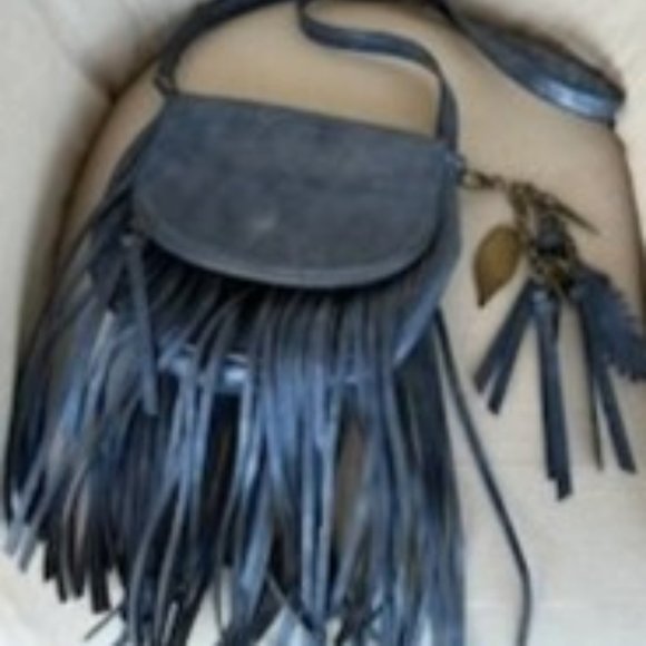 Navy Metallic-Sheen Leather Fringe Bag with Gold Spike and Feather Charm - Picture 9 of 9
